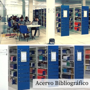 Duas fotos dispostas verticalmente, ambas mostrando o acervo bibliográfico onde é possível ver as estantes e alguns alunos estudando nas mesas ao lado delas.